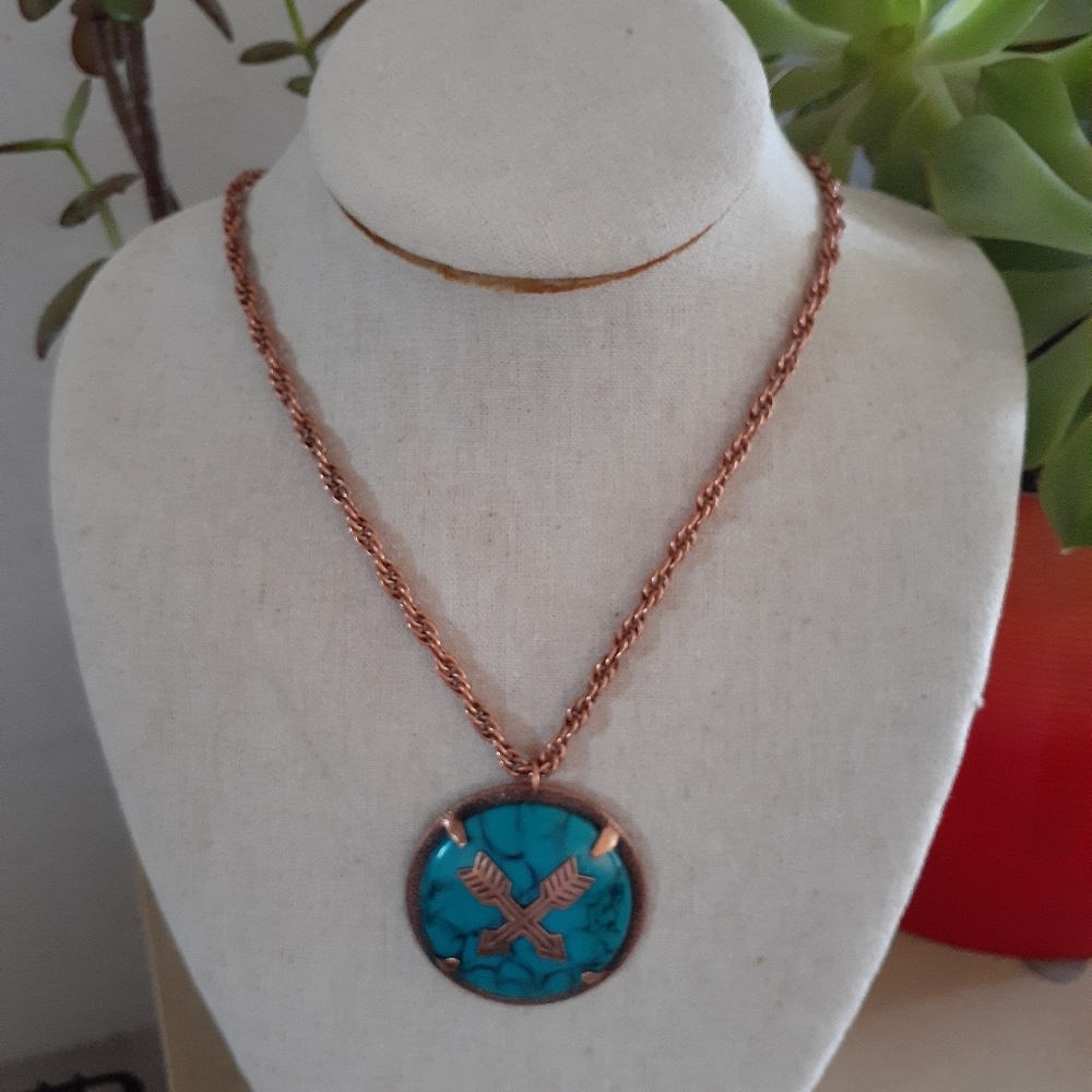 Vtg Bell Trading Post Copper Turquoise Crossed Arrows Southwestern Necklace
